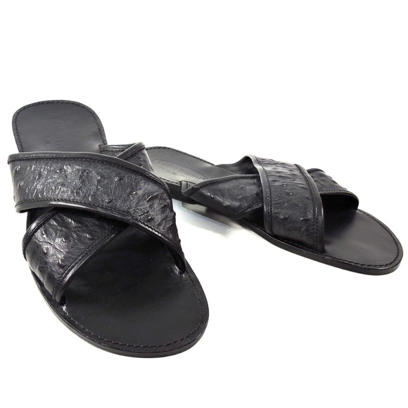 GOODMAN 🇮🇹 BLACK REALOSTRICH LEATHER COMFORT FLAT SUMMER SANDALS